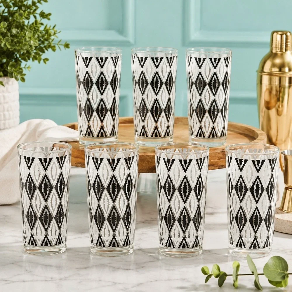 Libbey Harlequin Black & White Atomic Argyle Tumblers Set Of 7 MCM Retro Barware